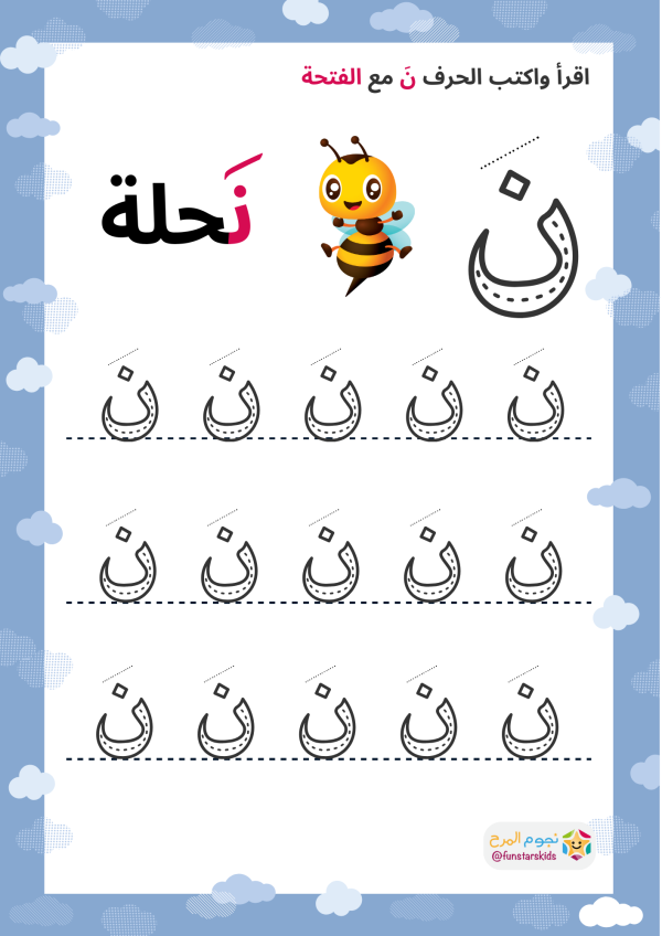 تعليم الحروف العربية بالحركات، حرف النون (ن)، الفتحة، الضمة، الكسرة ...